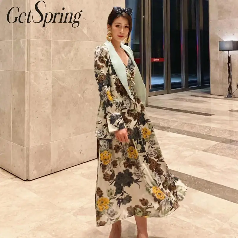 

GETSPRING Women Set Women Dresses Sets Printing Suit Coats Print Flower Sling Dresses Vintage 2 Piece Set Women Plus Size 2019