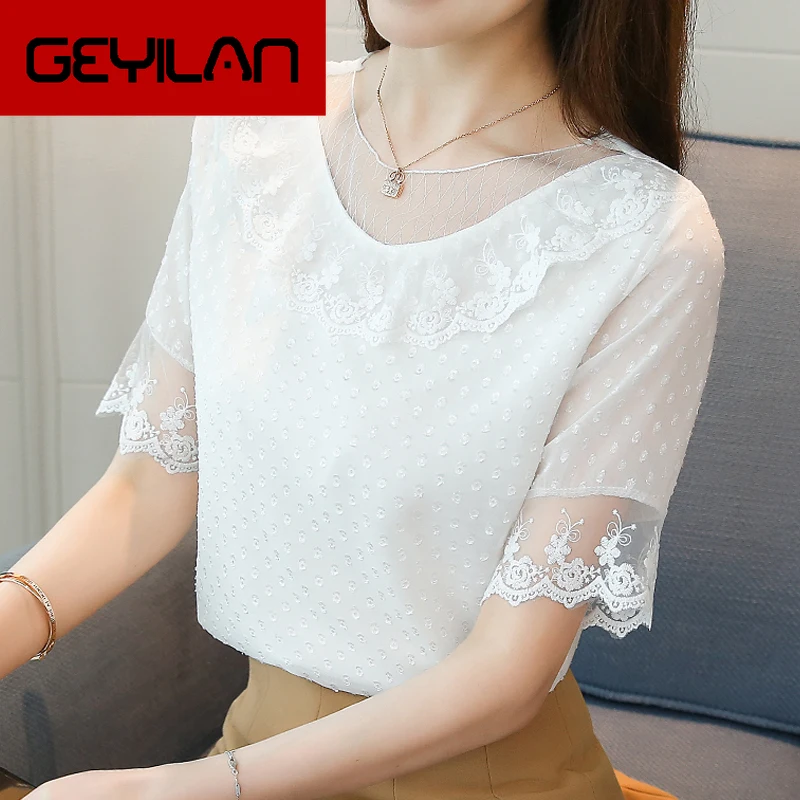 

2018 fashion pink summer chiffon tops short sleeve hollow lace shirt chiffon blouse women shirt women's clothing blusas 0132 30