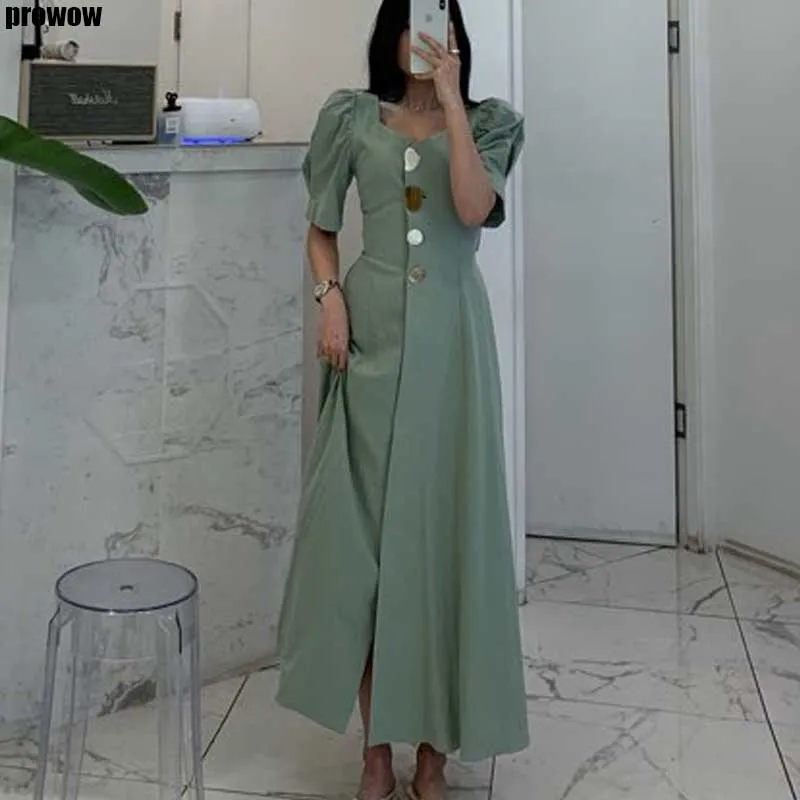 2020 Summer New Women Backless Lace Up Button Dress Vintage Korean Chic Puff Sleeve Long Dress Ladies High Waist Slim Dresses