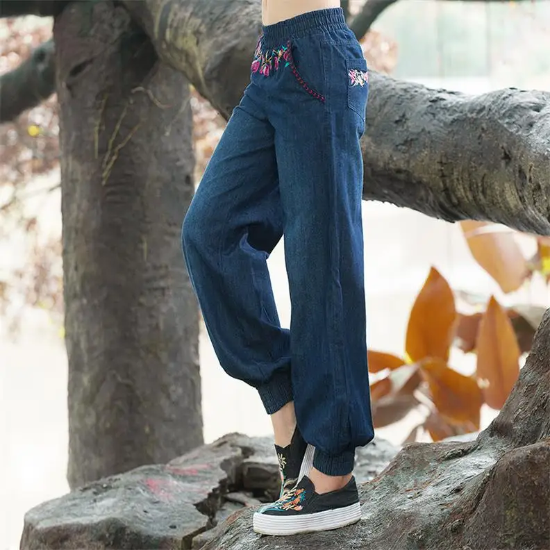 Этнические джинсы, женские осенние весенние хиппи, оригинальные длинные джинсовые широкие брюки с вышивкой, брюки с эластичным поясом - Цвет: 1