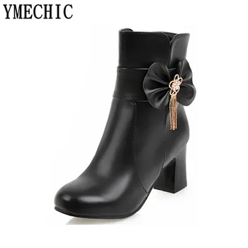 

YMECHIC 2018 New Cute White Pink Black Chunky Block High Heels Ankle Boots Womens Shoes Large Size Bowtie Young Lady Shoes Boot
