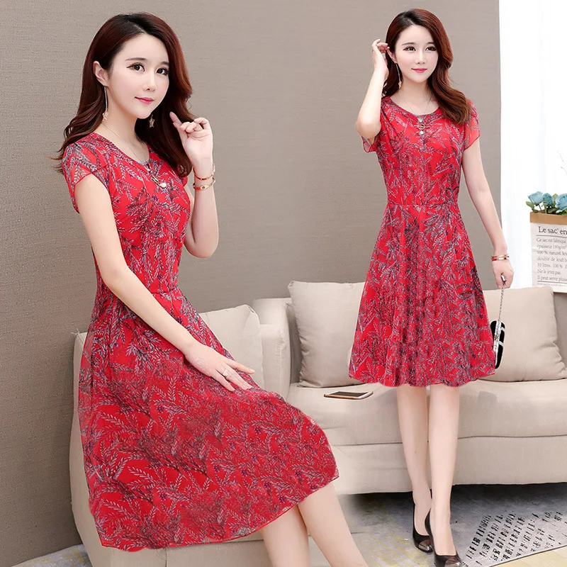 

Summer New Style Large Size Loose-Fit Floral-Print Dress Korean-style Mid-length Slimming Middle-aged Summer Wear Short Sleeve A