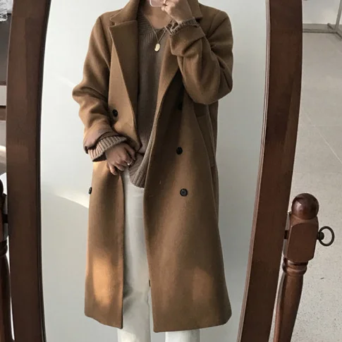 Шикарные пальто Для женщин, стиль non-Fashion, шерстяная уличная Весенняя детская пижама, теплая Пижама Новые однотонные длинные женские универсальные верхняя одежда размера плюс DG623