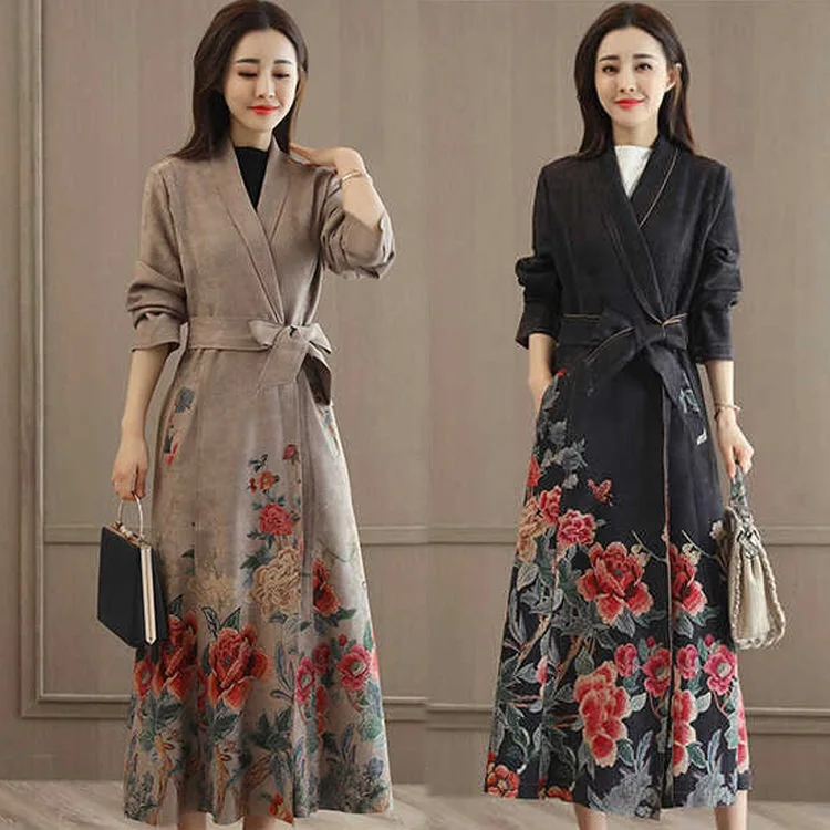 

Spring Fall Vintage Womens Sash High Waisted Black Grey Printed Floral Pattern Suede Long Trench Coat , Flower Coats for Women