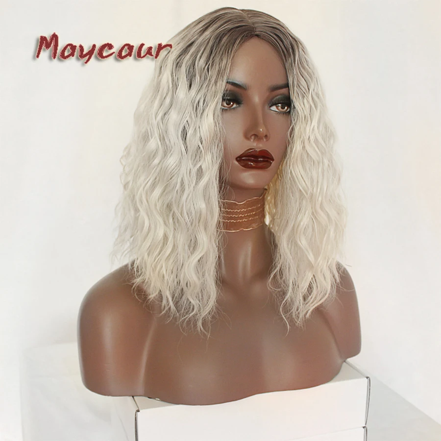 Maycaur 2 тона цвета коричневый/белый Короткие Волнистые Боб парики средняя часть синтетические волосы парики термостойкий парик для черных женщин