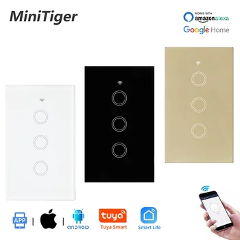 

Minitiger US Standard Glass Panel WIFI Touch Switch Smart Home Wall Switch Wireless Control By Tuya 3 Gang Null and Fire Line