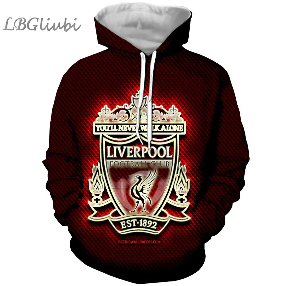 

LBG new 3D printed metal style Liverpool hooded shirt men and women fashion hoodie Harajuku hoodie football Barcelona
