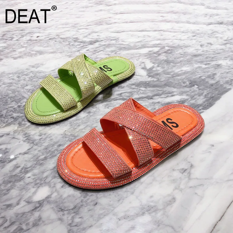 [DEAT] 2020 New Spring Summer Round Toe Shallow Cross Band Crystal Outdoor Flat Slippers Women Shoes Fashion Tide 10I425 |