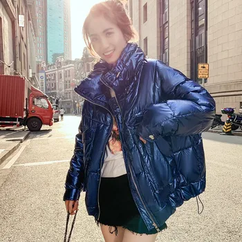 

Women Clothing Winter Fashion Bright Silver Coats Oversized Padded Warm Cotton Jackets Fashion Loose Bubble Coats Female Parkas