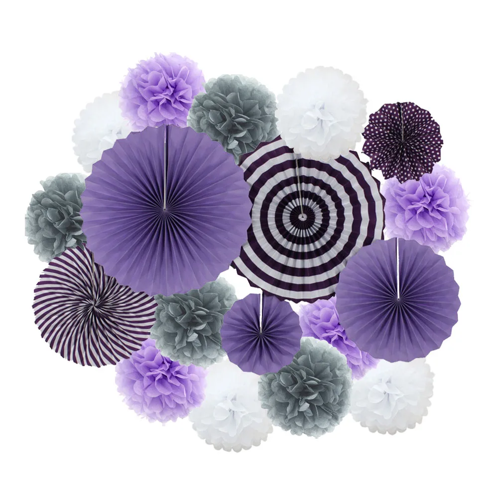 Grey Light Purple Вечерние украшения для мальчиков и девочек, 18 шт., розовый набор, разные размеры, бумажные поделки для детей, декор для дня рождения, подвесные бумажные веерные украшения с помпонами - Цвет: Grey Light Purple