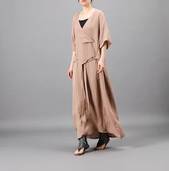 

Summer Vintage Irregular Half Sleeve Cotton Linen Dress 2020 New Loose Casual V-neck Women Long Maxi Dresses