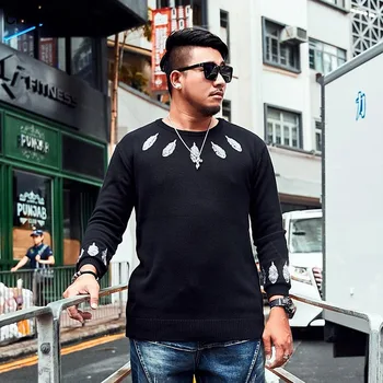

super Brand Big size Men's Wear Fat Man Loose Plus Fat Plus Trend Embroidery Round Neck Sweater Knitting Shirt Autumn
