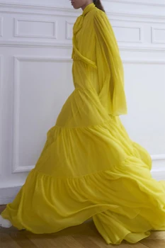 

Women's Dress 2020 New French Bellflower Long Dress Bow Collar Ruffle Yellow Long Sleeve Dress