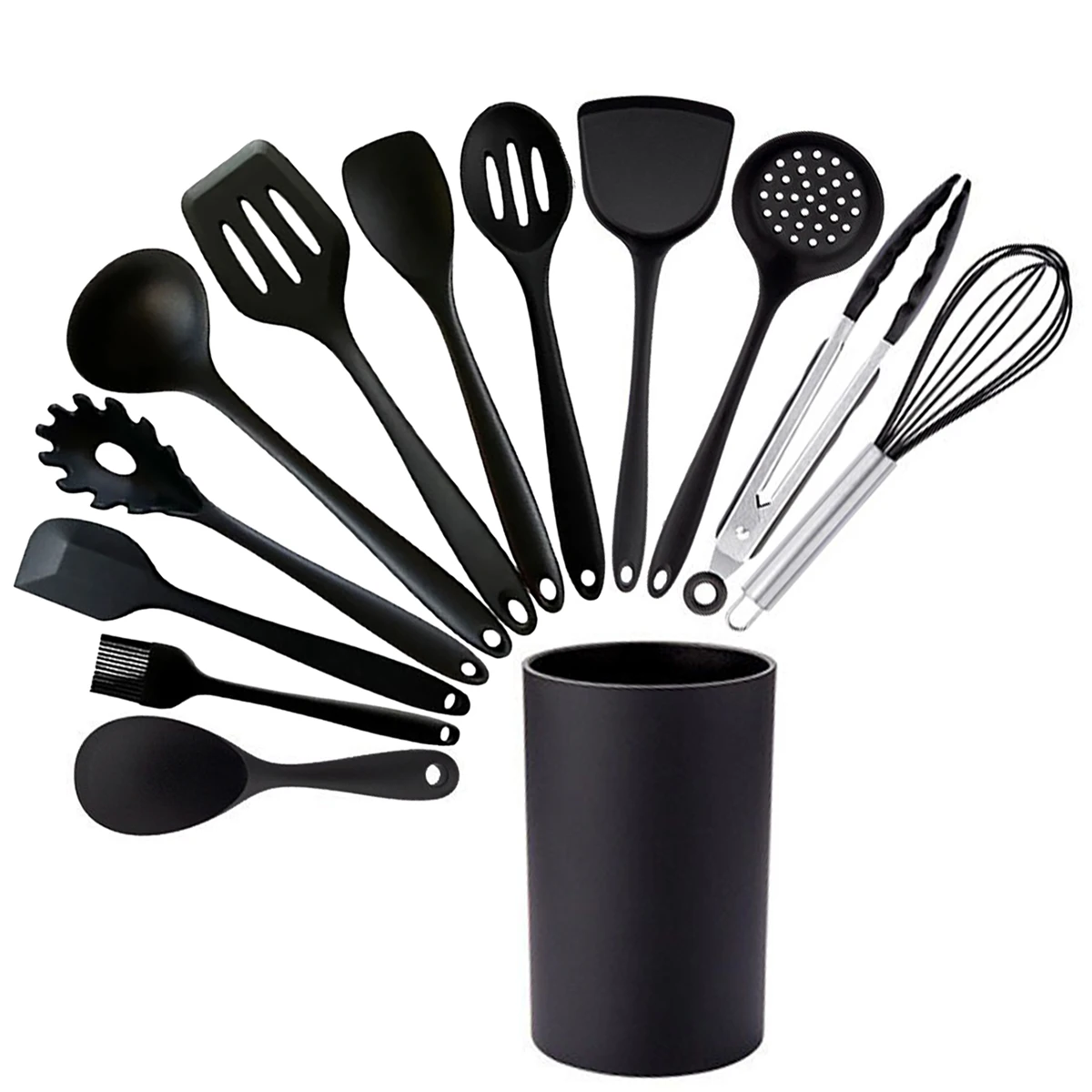 Black Cooking Kitchenware Tool Silicone Utensils Set Non-Stick Cookware Spatula Ladle Egg Beaters Shovel Kitchen Accessories