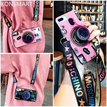 

For Xiaomi Redmi Note 7 Case Note 8 Note 6Pro Note 5 3D Camera style soft tpu cover case Coque with Lanyard and Bracket KONSMART