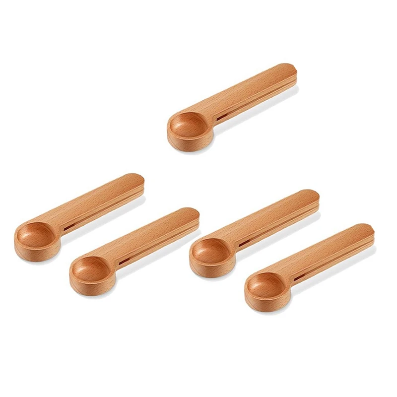 5 Pcs Wooden Coffee Scoop And Bag Clip Measure Spoon 2in1 Bags Sealer