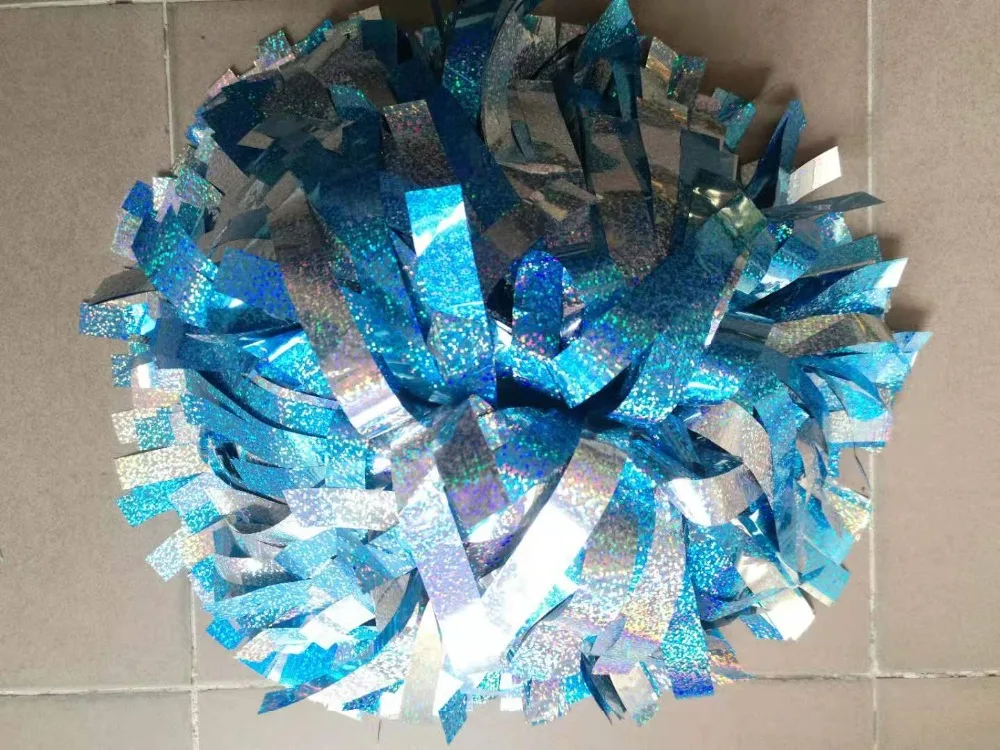 

Custom Professional Cheerleader Pom Poms, Baton Handle, Metallic Blue Holographic, Holographic Silver, 3/4 "x 6"