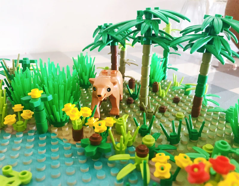 Части плинтуса тропического леса животные зеленая трава джунгли цветущий куст саженцы деревьев Строительные блоки DIY MOC собрать детские