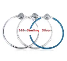 

Authentic 925 Sterling Silver Seashell Clasp Turquoise Leather Bangle Bracelet Fit Women Bead Charm Fashion Jewelry