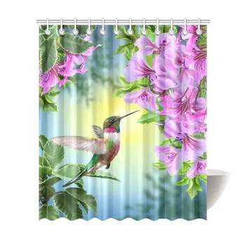 

Hummingbirds Shower Curtain, Art with Colibri Bird and Tree Branch Fuchsia Flower Romantic Springtime Tropics Nature Bathroom