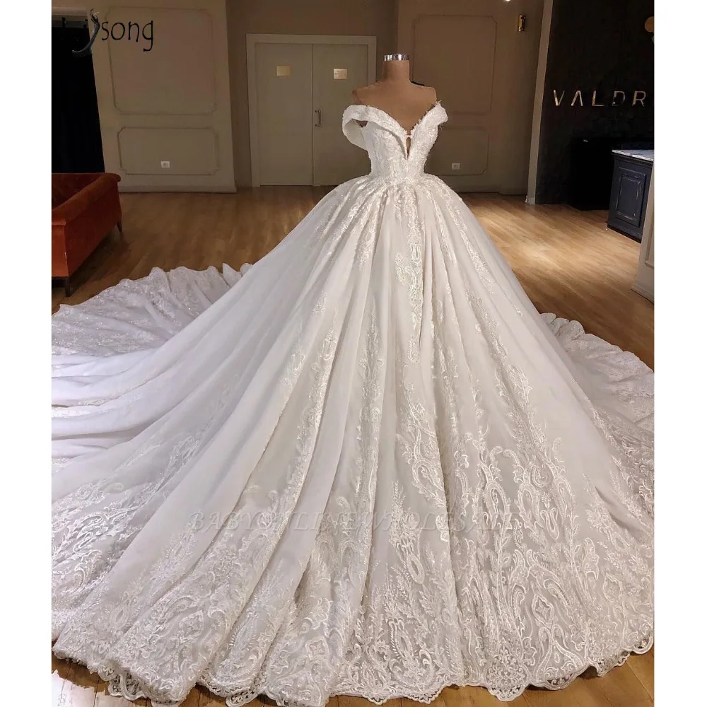 Applique Off-the-Shoulder Ball Gown Chapel Train Wedding Dresse