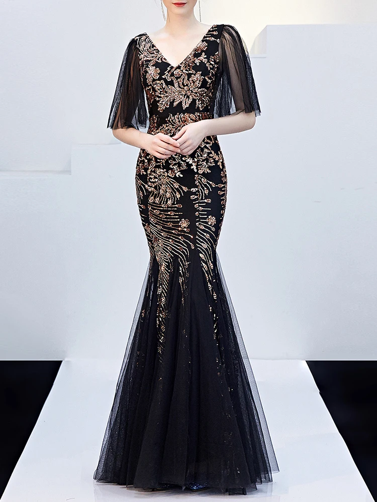 

Lotus Leaf Short-Sleeve 2020 Double-V Sequins Mermaid Evening Dress Prom Gowns Formal Party Dress Elegant Vintage Robe Longue