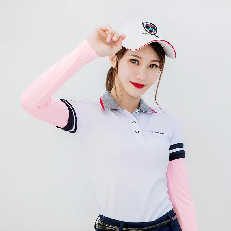 Women Golf Polo Shirt Women Thin Golf Shirts Sunscreen Inside Wear Cropped Tops Long Sleeve Anti-Uv Arm Sleeve Ice Silk