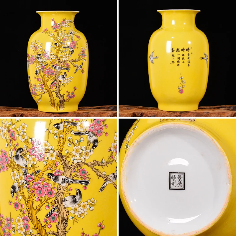 Jingdezhen porcelain antique new Chinese vase yellow glazed  magpie on the plum tree pattern big vases 5