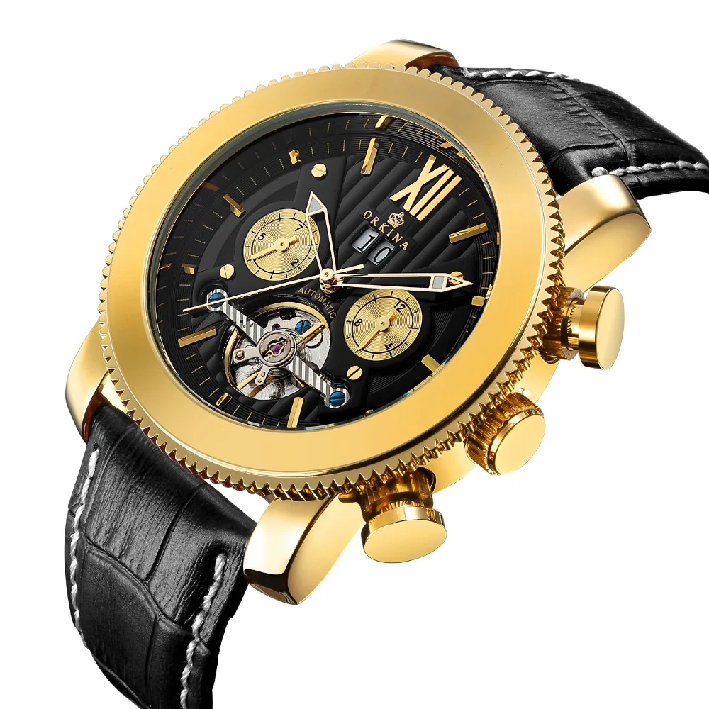 

Fashion Automatic Black Gold Leather Mechanical Wristwatches Men Classic Skeleton Tourbillon Mechanical Watch Relogio Masculino