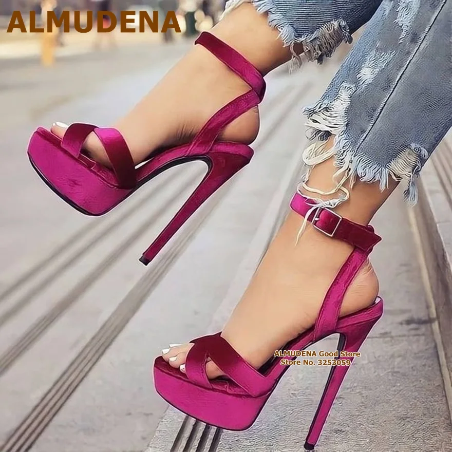 

ALMUDENA Fuchsia Velvet Thin High Heel Sandals Luxury Platform Cross Strappy Banquet Shoes Unique Designer Wedding Pumps Size46