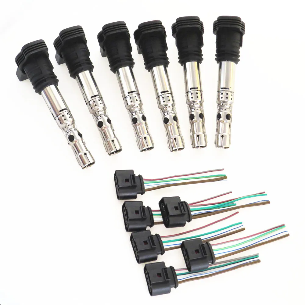 TUKE 6 Set New Ignition Coil Nozzle Spark Connector & Plug For 1.8 2.0T