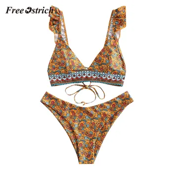 

Free Ostrich Sexy Lingerie Women Underwear Set Flower Biquini Low Waist Panties Ruffles Bra And Panty Set Vintage Bathing Suit