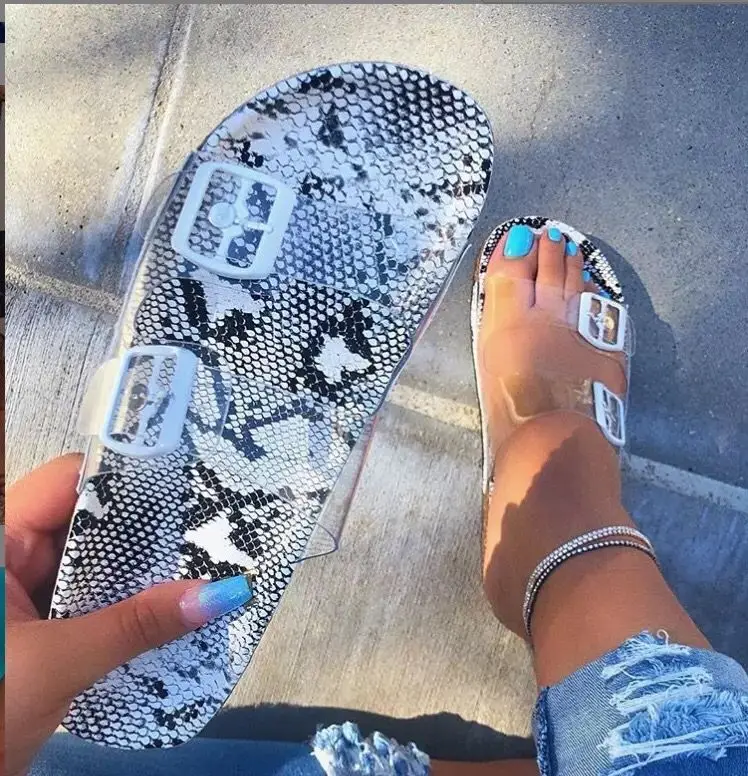 

Women slipper 2019 new summer open toe belt buckle flat slippers ladies Snake shallow casual beach Slide woman shoe