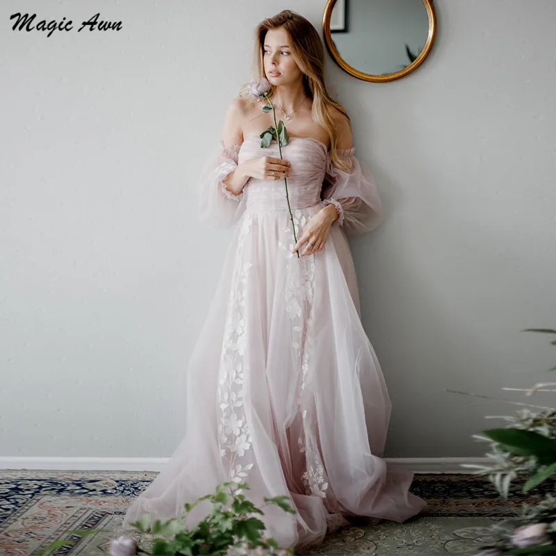 

Magic Awn Charming Boho Wedding Dresses With Puffy Long Sleeves Lace Appliques Beach Tulle A-Line Bride Gowns Customized Vestido