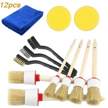 

Set Car Cleaning Brush Interior 12Pcs Wheel Detailing Boar Hair Towel Sponge