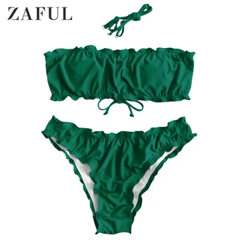 

ZAFUL Women Lettuce Lace-Up Bandeau Bikini Swimsuit Strapless Solid Color Bandeau Bikini Sets Padded Bathing Suit 2020 Fashion