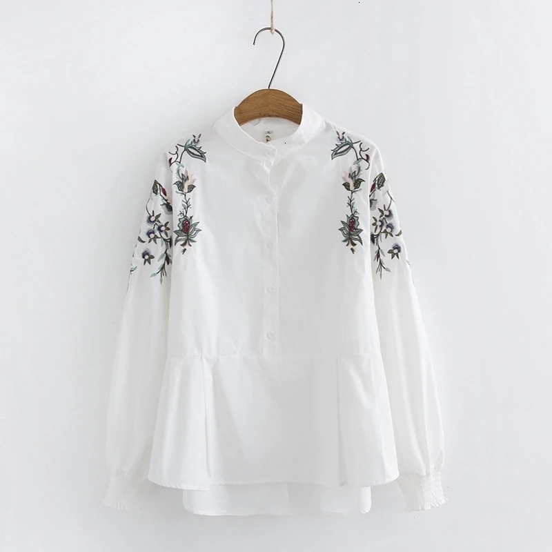 

Plus Size XL-4XL Witte Blouse Bloemen Borduren Lange Mouwen Blusas Officewear Tops