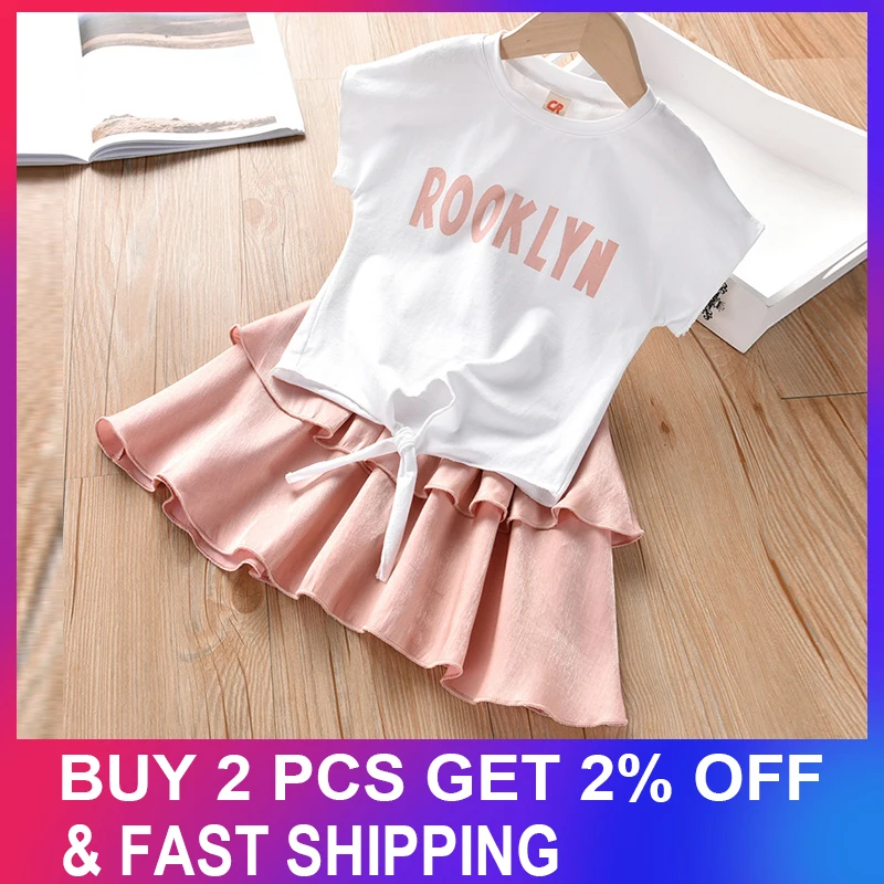 Girls Clothing Set 2020 Summer Sweet Letter Top Short Sleeve+Solid Layered Skirt Fashion 2pcs Sets Children Clothes 3-7Y | Детская