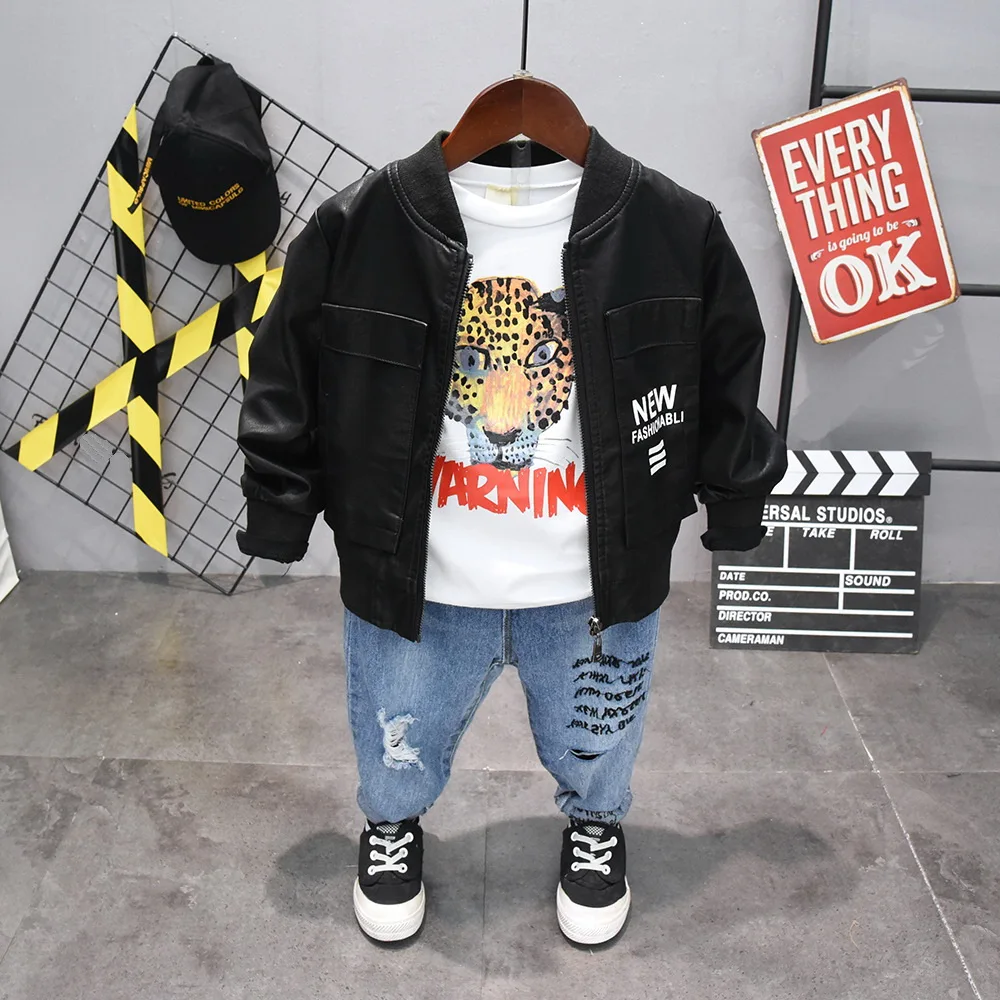 

Autumn children's clothing suits children Faux Leather coat +T-shirt+ jeans Pants 3pcs children tracksuit boys clothes set 2-6yr