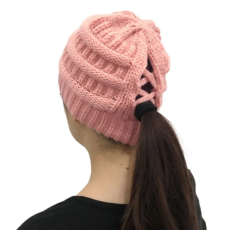 New Adult Women's Hats Wool Knitted Hat Autumn Winter Warm Brand Skullcap Female Cross Ponytail Cap Skullies Beanies 2