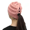 New Adult Women's Hats Wool Knitted Hat Autumn Winter Warm Brand Skullcap Female Cross Ponytail Cap Skullies Beanies 2