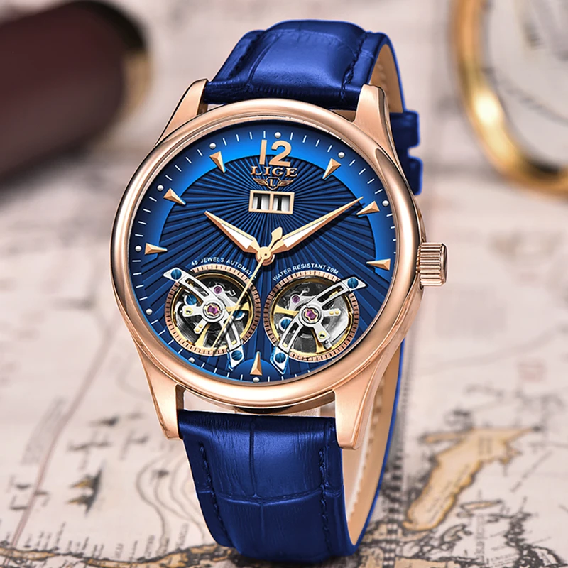 Мужские часы, новинка, LIGE, синяя кожа, двойной турбийон, механические мужские часы, Топ бренд, Роскошные автоматические часы, Montre Homme+ коробка