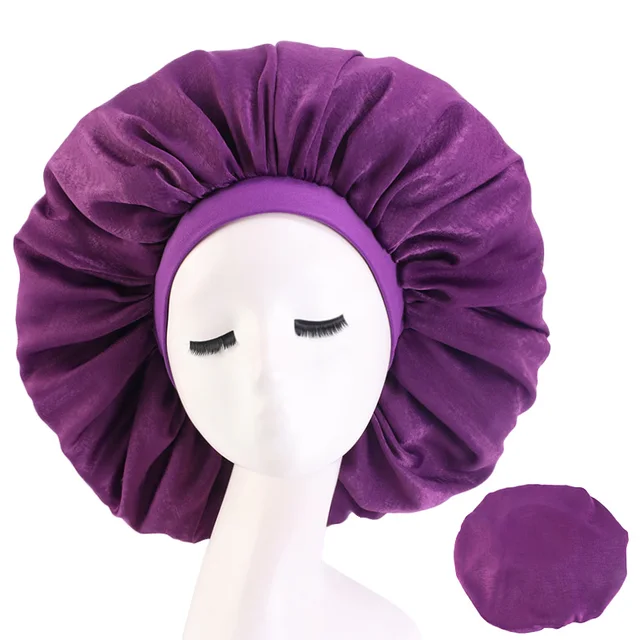 New Women Big Size Beauty print Satin Silky Bonnet Sleep Night Cap Head Cover Bonnet Hat for For Curly Springy Hair Black 408B Purple