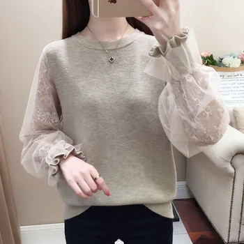 

Spring Knitted Pullovers Women Sweaters With Lace Long Sleeve Thin Casual Ladies Pull Jumper Femme Knitting Top