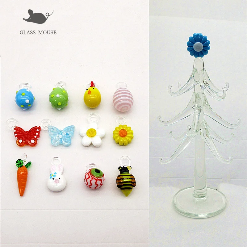 

New Handmade murano glass Christmas tree shape ornaments Easter home desktop decor transparent tree with 12 pendant accessories