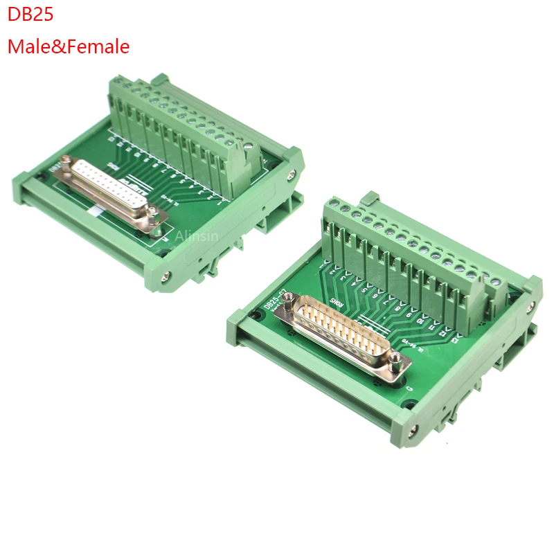 Macho e Fêmea Soquete para Adaptador de Bloco Terminal Pcb Board D-sub Conector Conversor Din Rail Montagem 1pc Db25