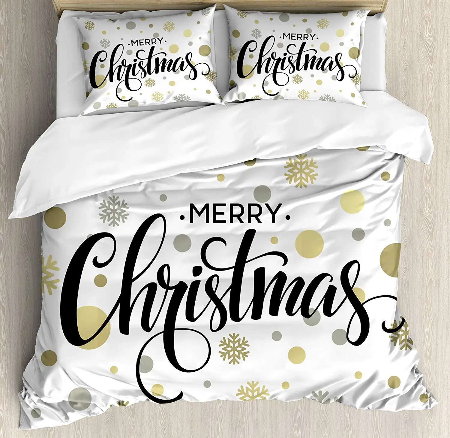 

Christmas Duvet Cover Set Merry Christmas Lettering on an Abstract Modern Snowflake Dot Pattern Decorative 3 Piece Bedding Set
