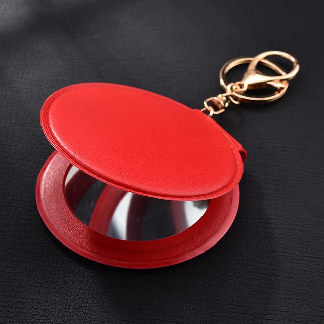 Leather Round Mirror Keychain With Fashionable Design Portable