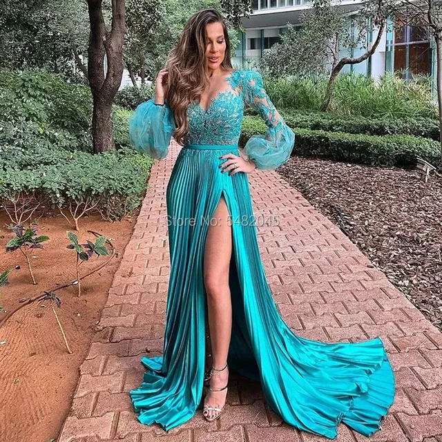 LORIE Blue Evening Dresses Appliques Scoop A-Line Pleats High Side Split Long Sleeves Sexy Prom Party Gown for Graduation 3