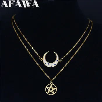 

2pcs Zircon Copper Stainless Steel Moon Necklace Gold Color Witchcraft Pentagram Necklace Jewelry kettingen voor vrouwen NC70S02